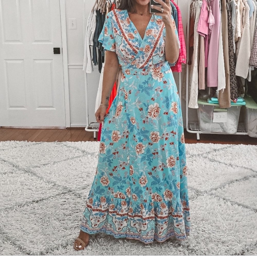 Zesica boho printed maxi wrap dress